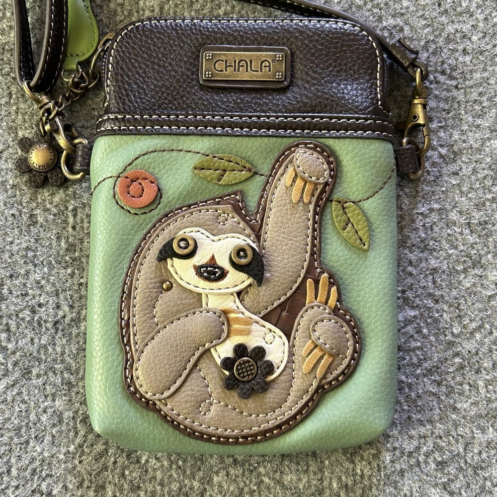 Chala Crossbody Bag Womens Mini Green Sloth Applique Faux Leather Zip Phone